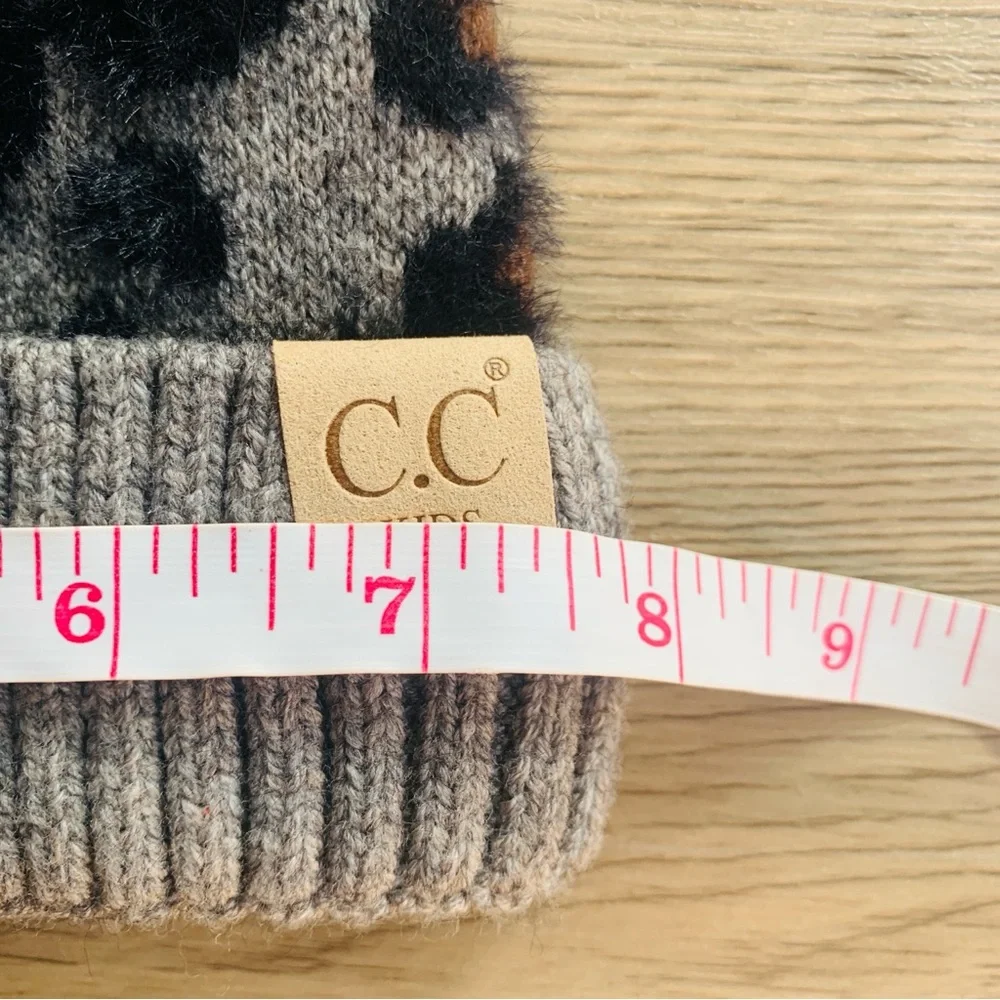 C.C. Kids Gray Brown Black Faux Fur Pom Pom Soft Knit Beanie | NWT